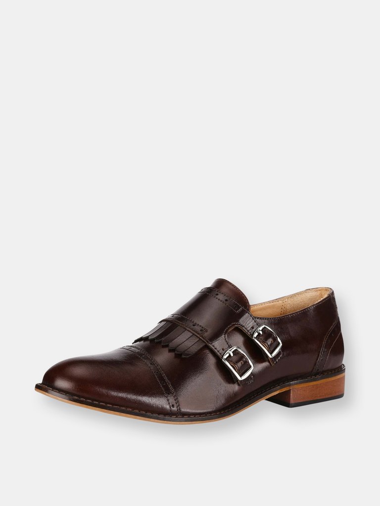 Auburn Leather Oxford Style Monk Straps - Brown