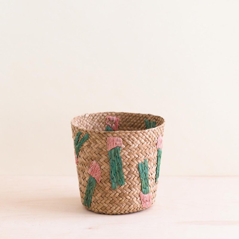 Likha Cactus Embroidery Soft Natural Basket In Green