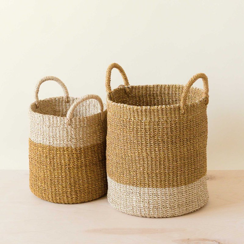 Likha Mustard Baskets With Handle, Set Of 2 In Neutral