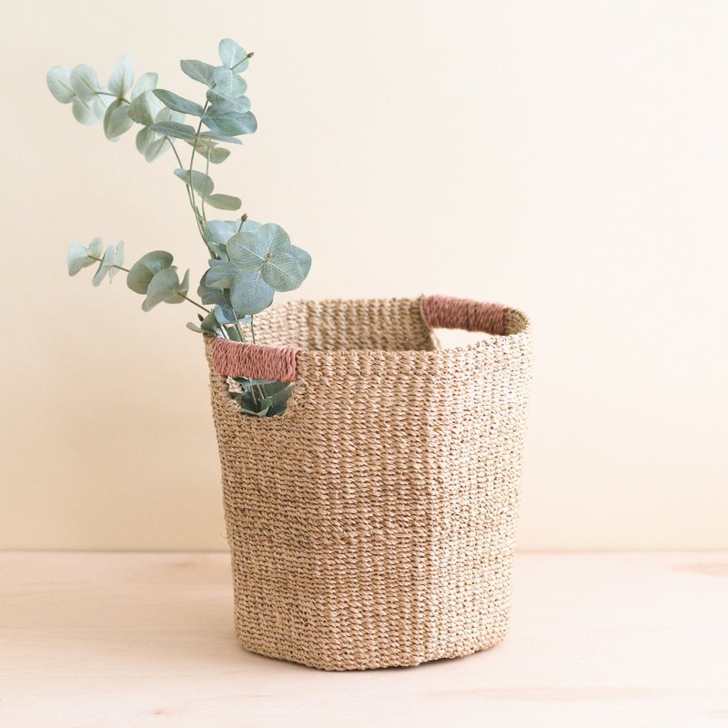 Likha Natural Octagon Basket With Dusty Rose Handle In Brown