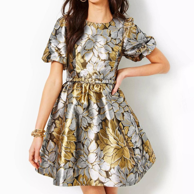 Shop Lilly Pulitzer Priyanka Short Sleeve Floral Jacquard Dress In Gold