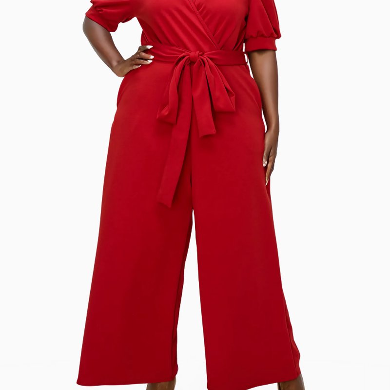 Livd Plus Size Iris Surplice Belted Pocket Jumpsuit In Red