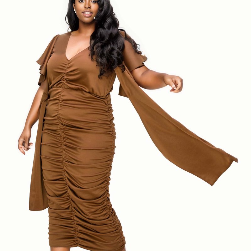 Livd Plus Size Nadia Ruched V Neck Dress In Brown