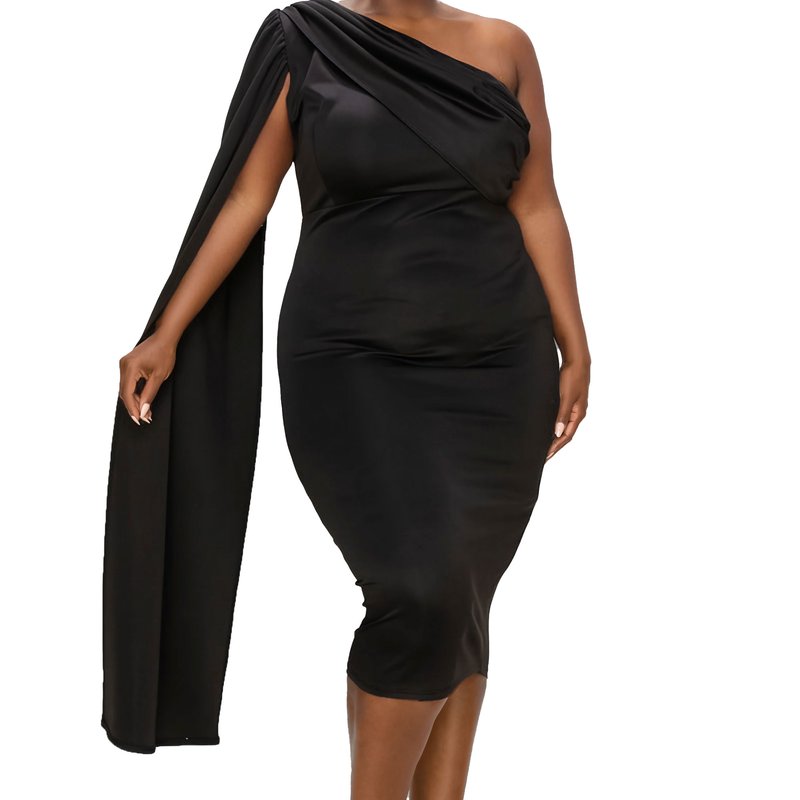 Livd Plus Size Spade One Shoulder Cape Dress In Black