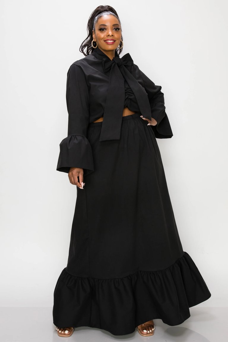 Poplin Bell Sleeve Top and Maxi Skirt Set - Black