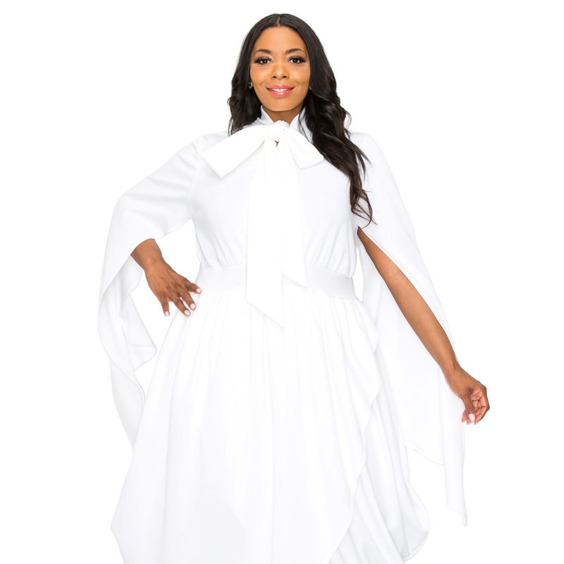 Livd Tina Tulip Hem Cape Sleeve Pocket Dress In White
