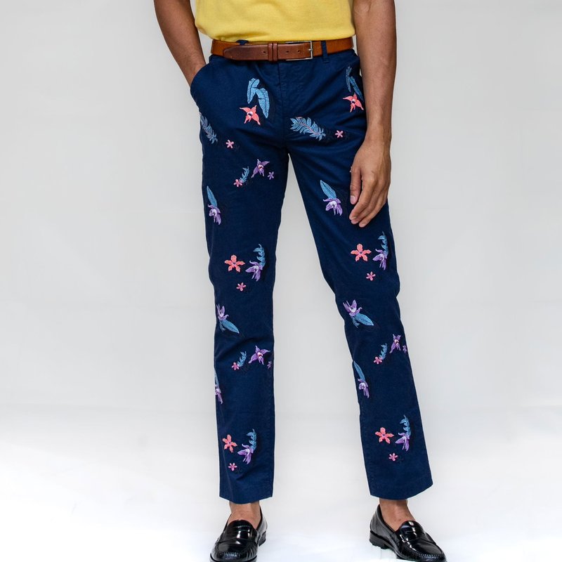 Shop Loh Dragon Charles Flower Embroidery Pant In Blue