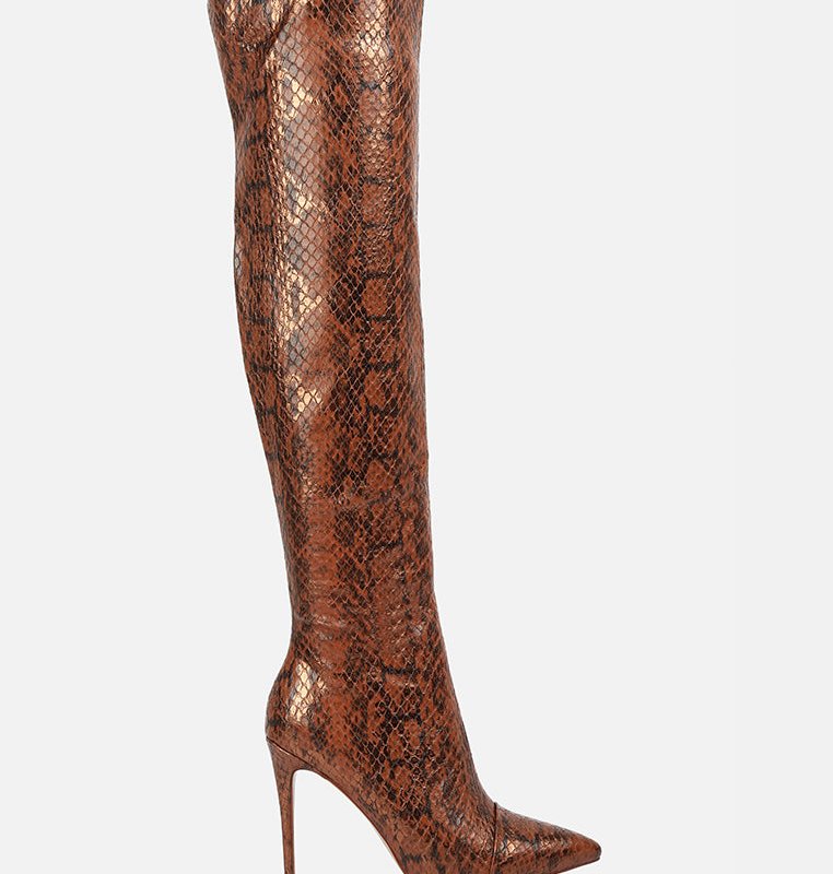 London Rag Catalina Snake Print Stiletto Knee Boots In Brown