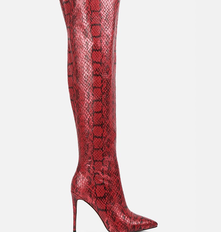 Shop London Rag Catalina Snake Print Stiletto Knee Boots In Red