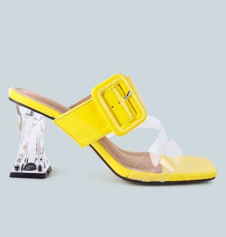 Shop London Rag City Girl Buckle Detail Clear Spool Heel Sandals In Yellow