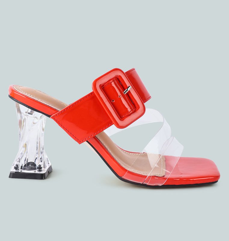 Shop London Rag City Girl Buckle Detail Clear Spool Heel Sandals In Red