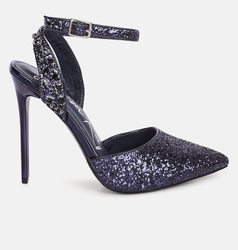 London Rag Cloriss Diamante Embellished Glitter High Heels In Blue