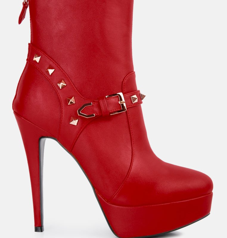 London Rag Dejang Metal Stud Embellished Faux Leather Ankle Boot In Red