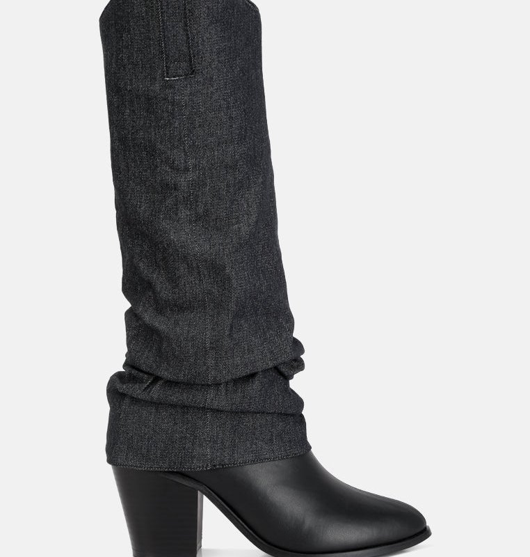 Shop London Rag Fab Cowboy Boots With Denim Sleeve Detail In Black