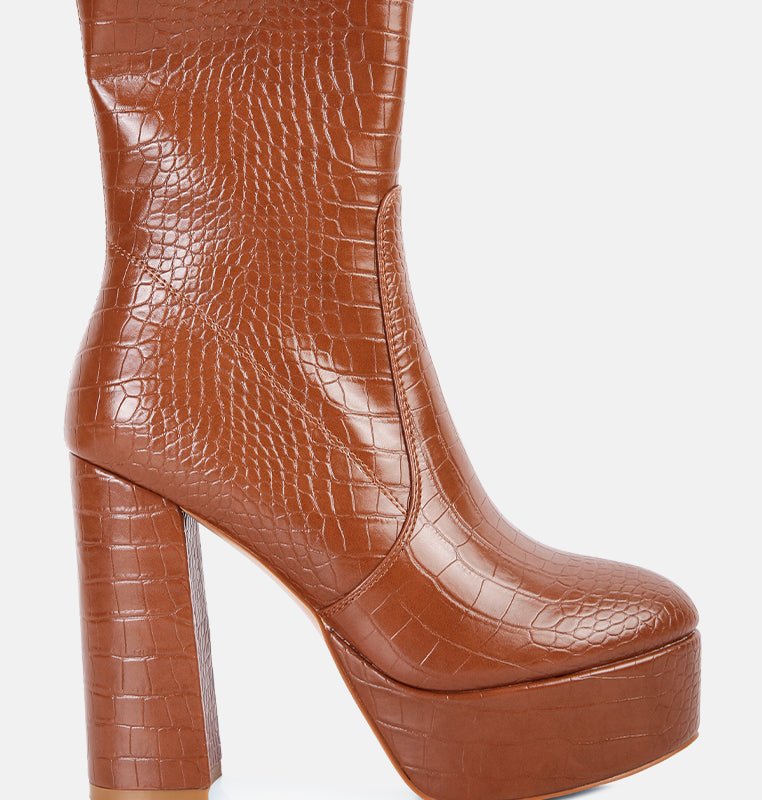 London Rag Feral High Heeled Croc Pattern Ankle Boot In Brown