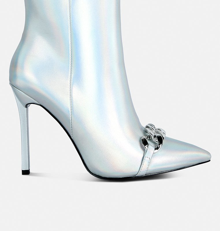 London Rag Firefly Metallic Chain Embellished Stiletto Ankle Boots In White
