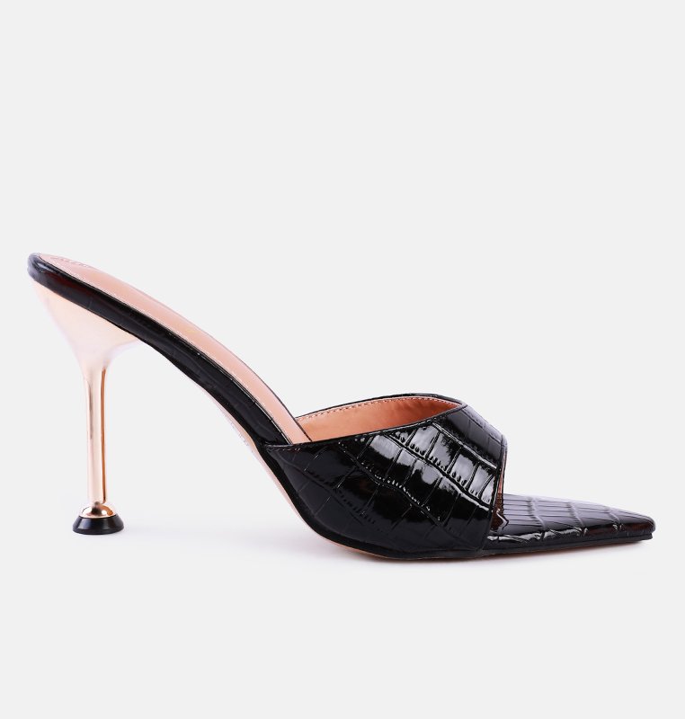 London Rag French Cut High Heel Croc Slides In Black
