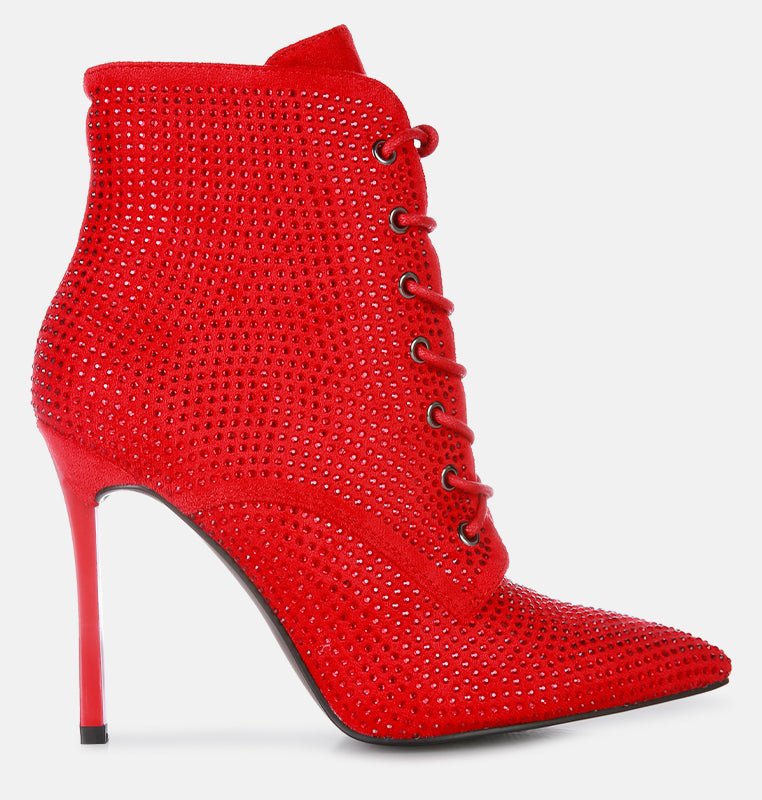 Shop London Rag Head On Faux Suede Diamante Ankle Boots In Red