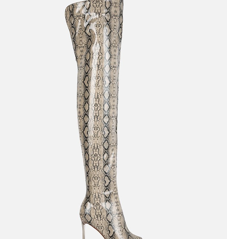 London Rag High Drama Snake Print Stiletto Long Boots In Brown