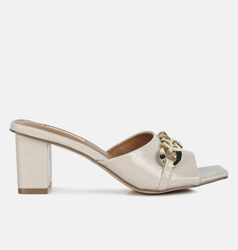 Shop London Rag Hotshot Mid Heel Chain Detail Sandals In White