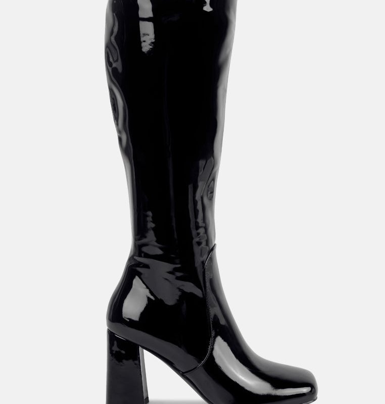 London Rag Hypnotize Patent Pu Block Heeled Calf Boots In Black