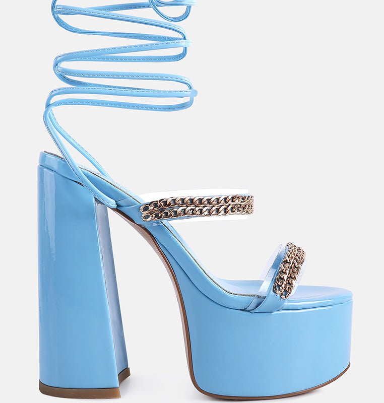 Shop London Rag Indulgence Metal Chain Lace Up Chunky Sandals In Blue