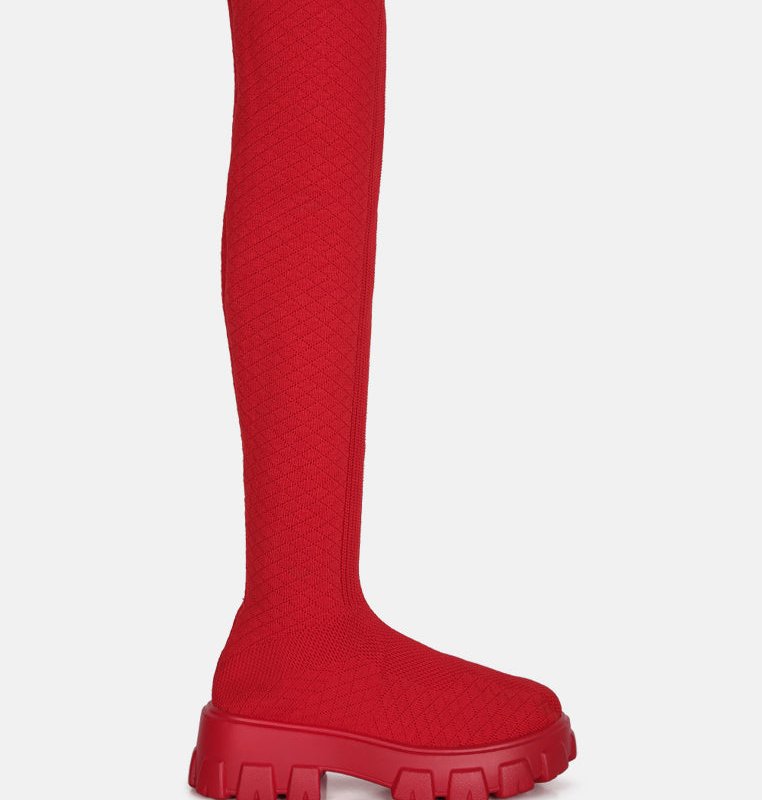 Shop London Rag Loro Stretch Knit Knee High Boots In Red