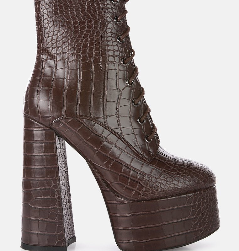 Shop London Rag Magdalene Croc High Heel Patform Boots In Brown