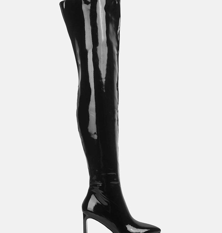 Shop London Rag Minkles Patent Pu Long Slim Block Heeled Boots In Black