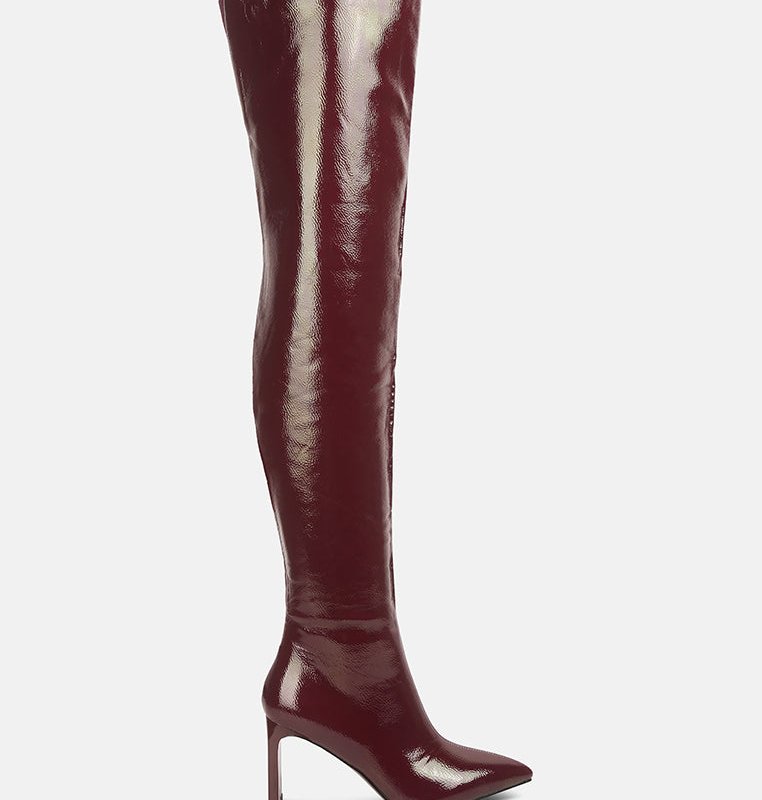London Rag Minkles Patent Pu Long Slim Block Heeled Boots In Red