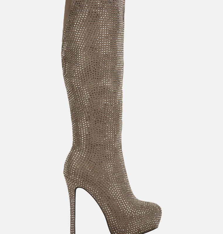 London Rag Nebula Rhinestone Embellished Stiletto Calf Boots In Brown