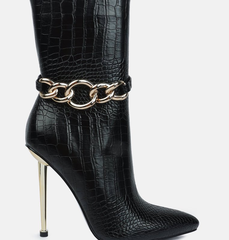 Shop London Rag Nicole Croc Patterned High Heeled Ankle Boots In Black