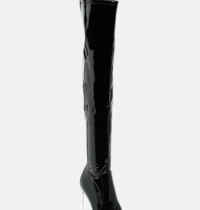 London Rag Noire Thigh High Long Boots In Patent Pu In Black