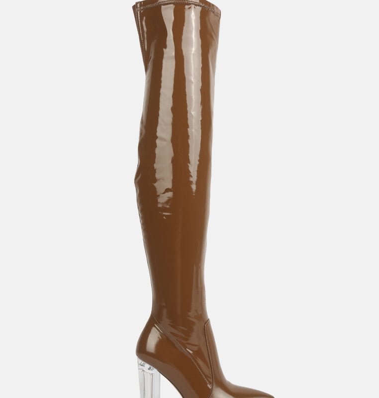 London Rag Noire Thigh High Long Boots In Patent Pu In Brown