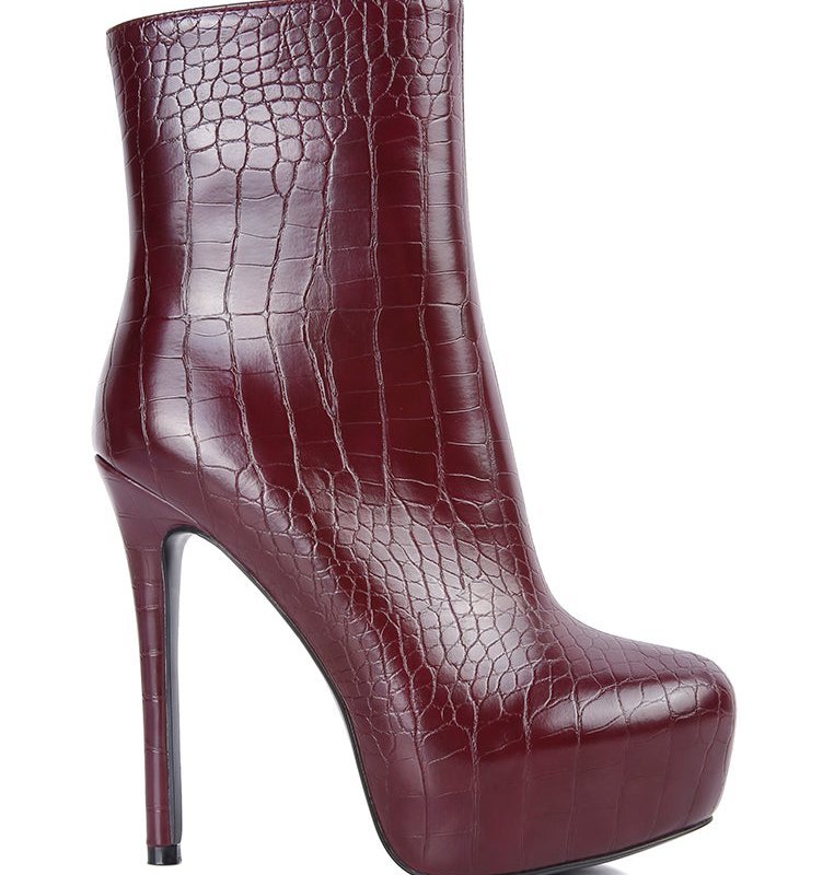 London Rag Orion High Heeled Croc Ankle Boot In Burgundy
