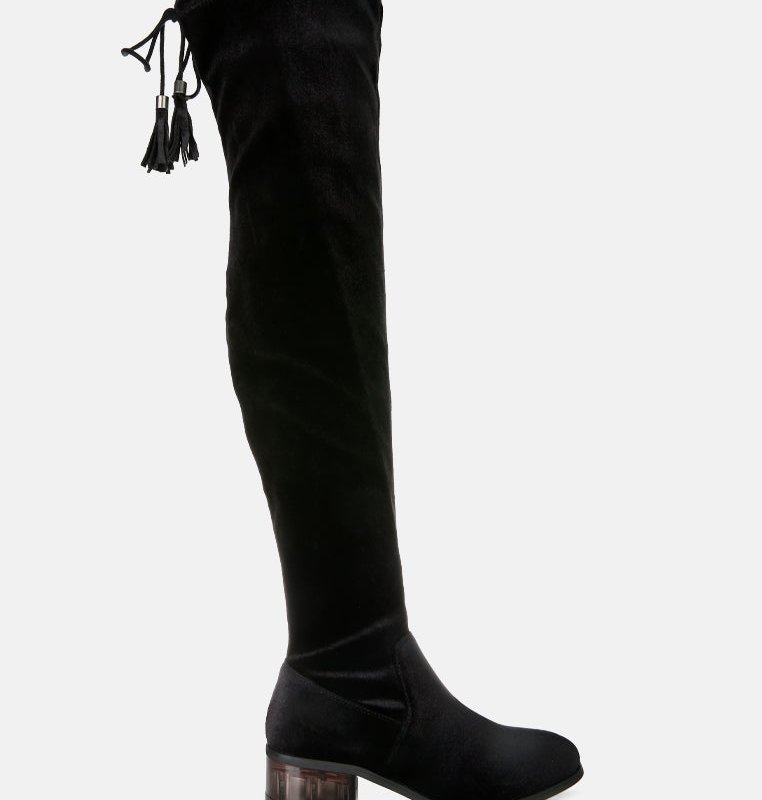 London Rag Rumple Velvet Over The Knee Clear Heel Boots In Black