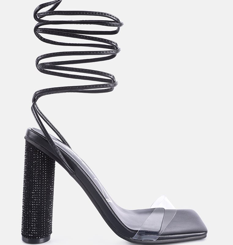 Shop London Rag Scansta Lace Up Rhinestone Embellished Heel Sandals In Black