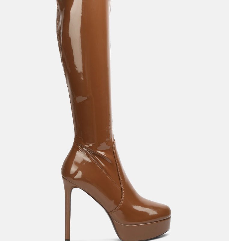 London Rag Shawtie High Heel Stretch Patent Calf Boots In Brown