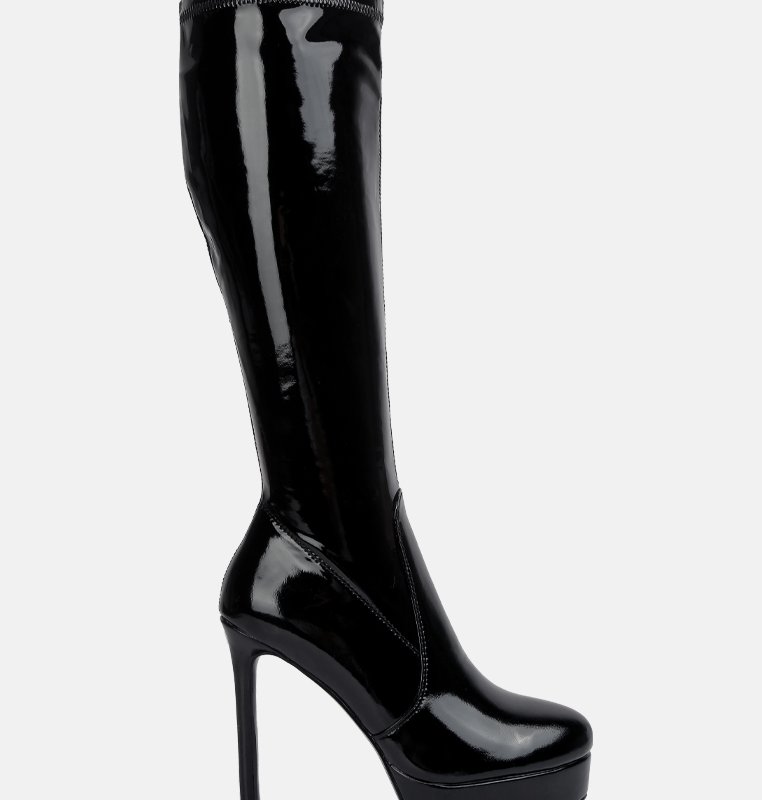London Rag Shawtie High Heeled Stretch Patent Calf Boots In Black