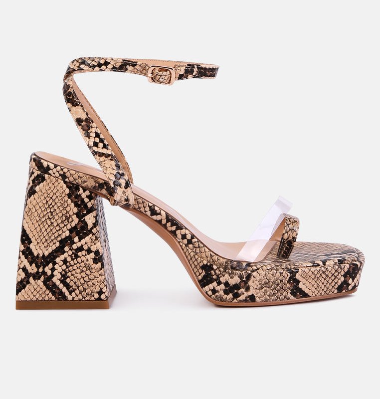 Shop London Rag Such Flirt Snake Print Triangular Block Heel Sandals In Brown