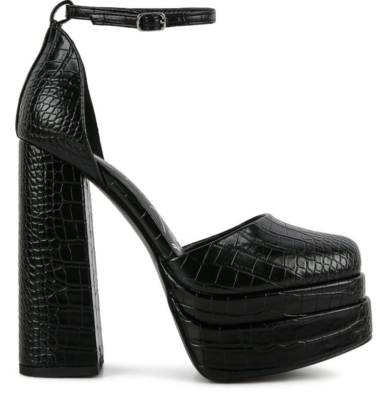 Shop London Rag Tempt Me Croc Textured High Block Heel Sandals In Black