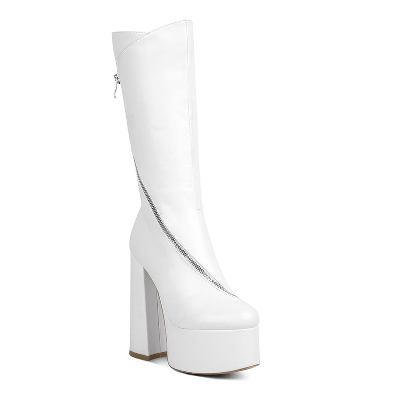London Rag Tzar Faux Leather High Heeled Platfrom Calf Boots In White