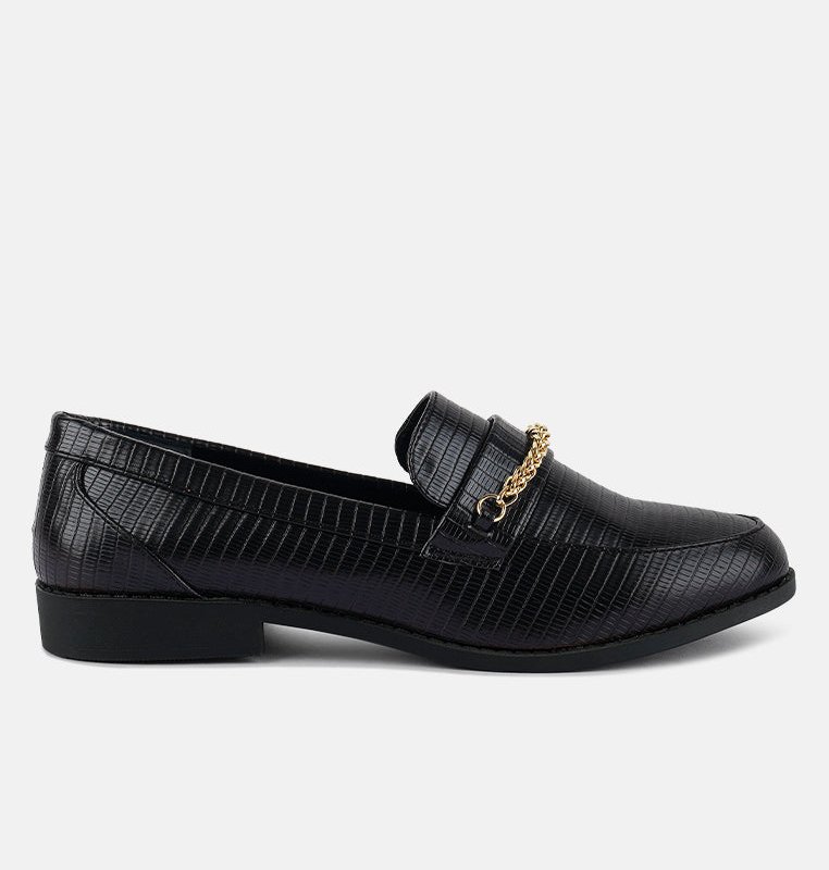 Shop London Rag Vouse Low Block Loafers Adorned With Golden Chain In Black