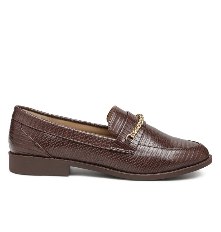 London Rag Vouse Low Block Loafers Adorned With Golden Chain In Brown