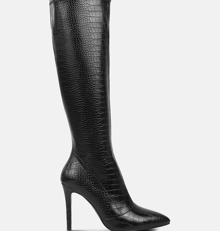 London Rag Wheedle Croc High Heeled Calf Boots In Black