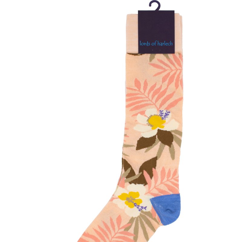Lords Of Harlech Donald Farm Floral Peach Socks In Pink