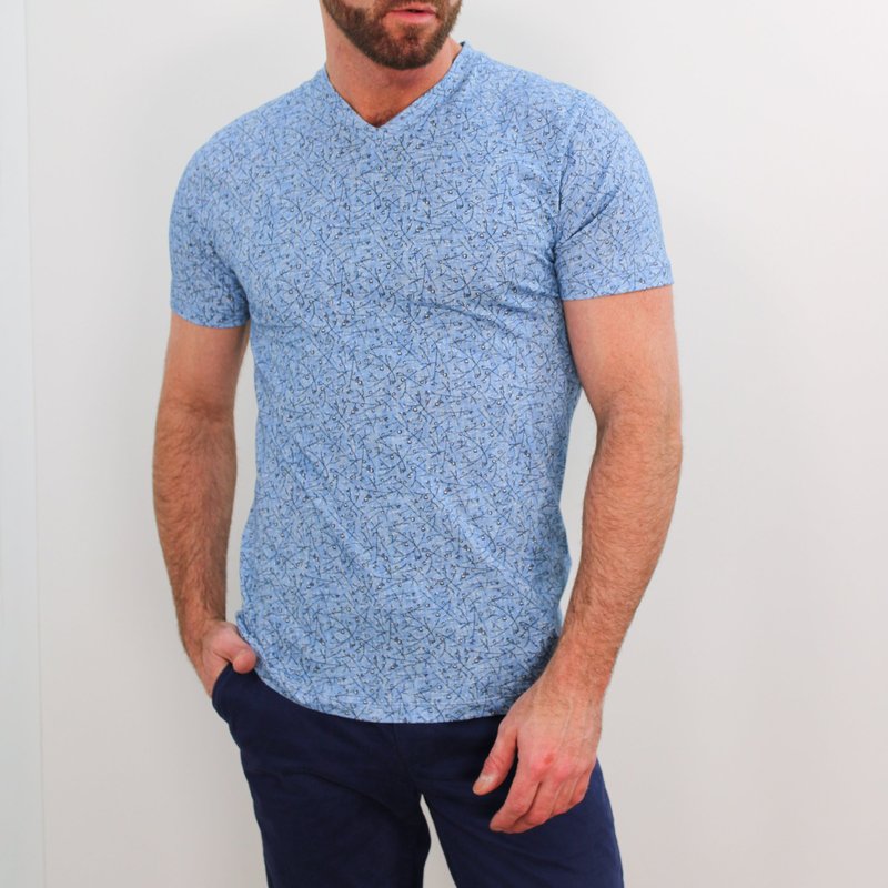 Lords Of Harlech Maze Falling Blossom V-neck Tee In Blue
