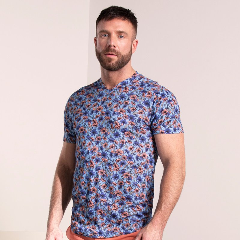 Lords Of Harlech Maze Floral Stems V-neck Tee In Blue