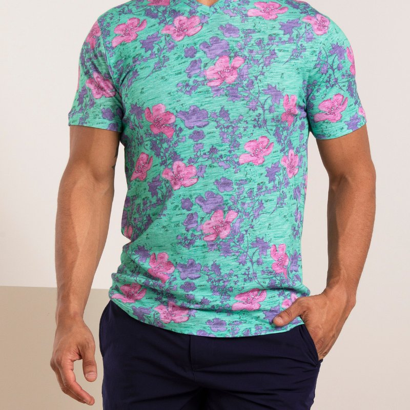 Lords Of Harlech Maze Oriental Hibiscus V-neck Tee In Blue