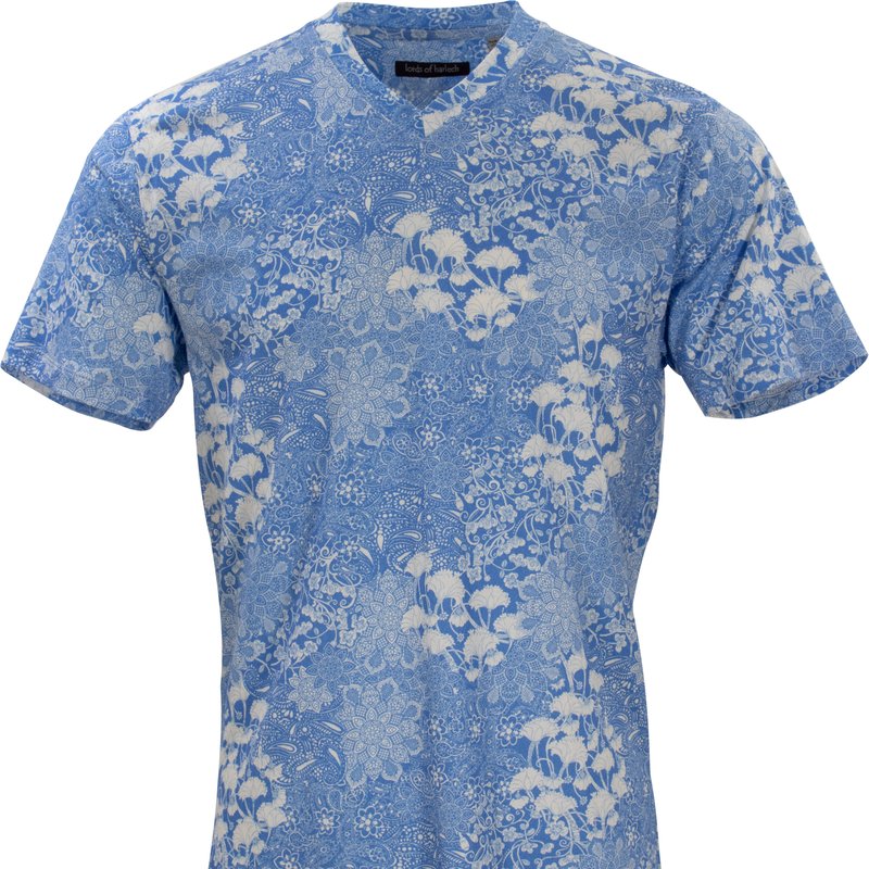 Lords Of Harlech Maze Paisley Floral Blue V-neck Tee